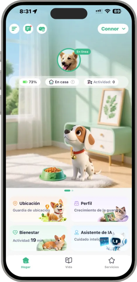 Pantalla de inicio de CoolPet con el perfil de la mascota, batería y actividad