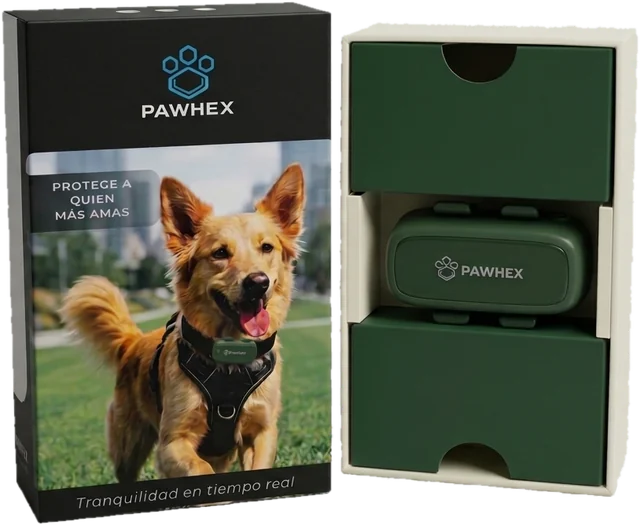Caja de PAWHEX abierta con el rastreador verde dentro