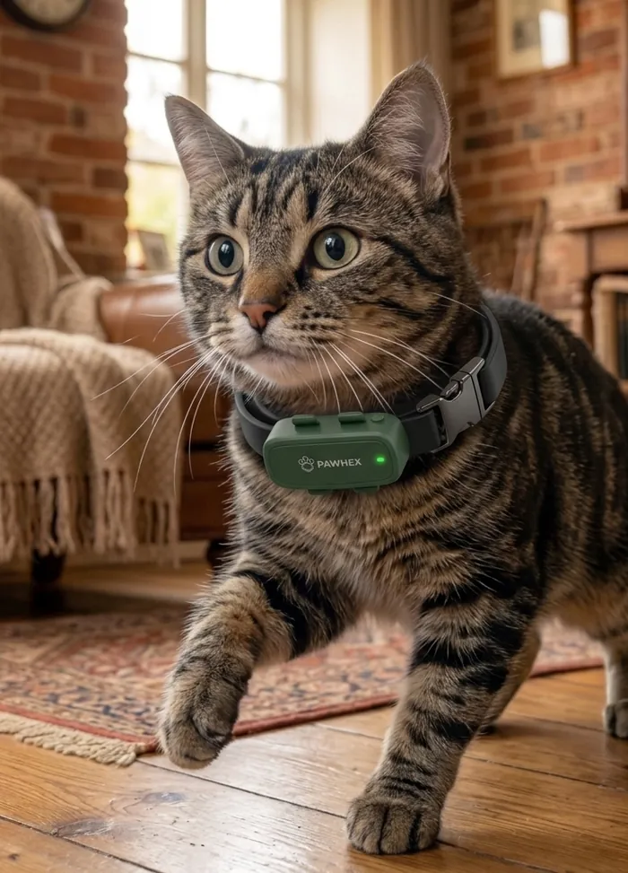 Gato atigrado caminando por la sala con el rastreador PAWHEX verde