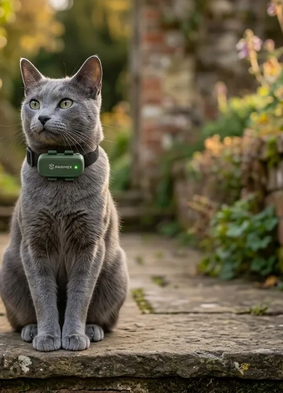 Gato gris sentado en un jardín con PAWHEX en su collar