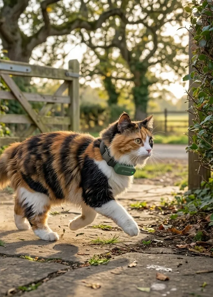 Gata calicó saliendo por un portón con PAWHEX en su collar
