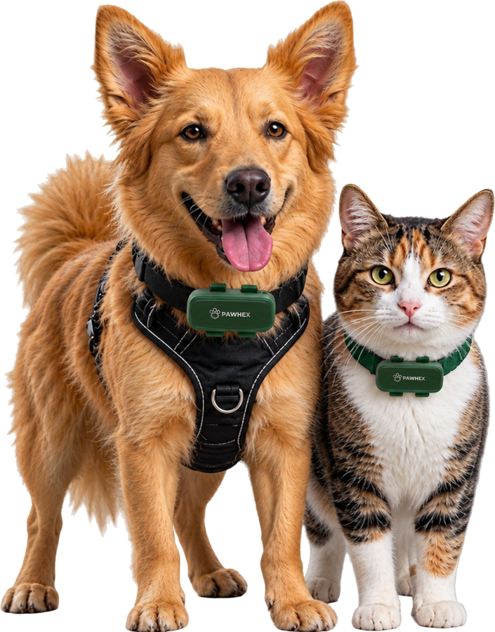 Un perro y un gato juntos, cada uno con su rastreador PAWHEX verde en el collar