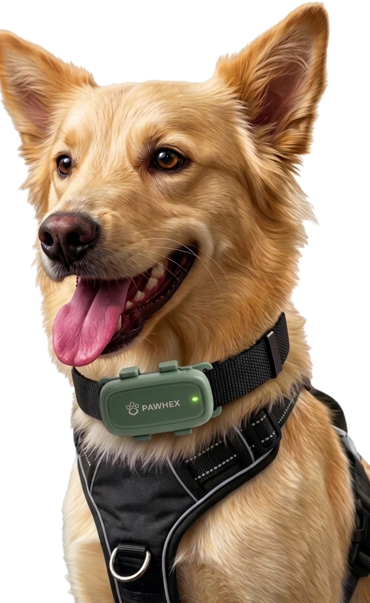Perro sonriente con el rastreador PAWHEX en su collar